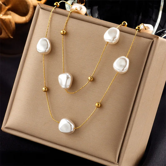 Luckacco 316L Stainless Steel 2in1 Large Pearl Pendant Necklace For Women New Trend Girls Neck Jewelry Chain Party Wedding Gift