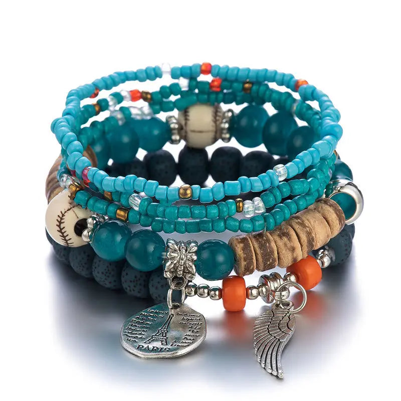 luckacco 4 pieces/set bohemian crystal tassel multi-layer elastic rope bracelet, handmade beaded bracelet, women's fashion accessories
