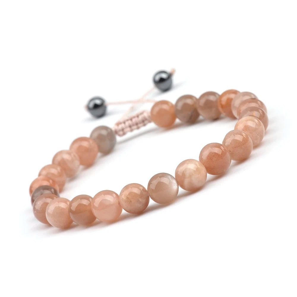 luckacco 1p 8mm rose quartz amethyst sunstone moonstone braided ajustable beaded bracelet natural gem crystal energy gift for men women
