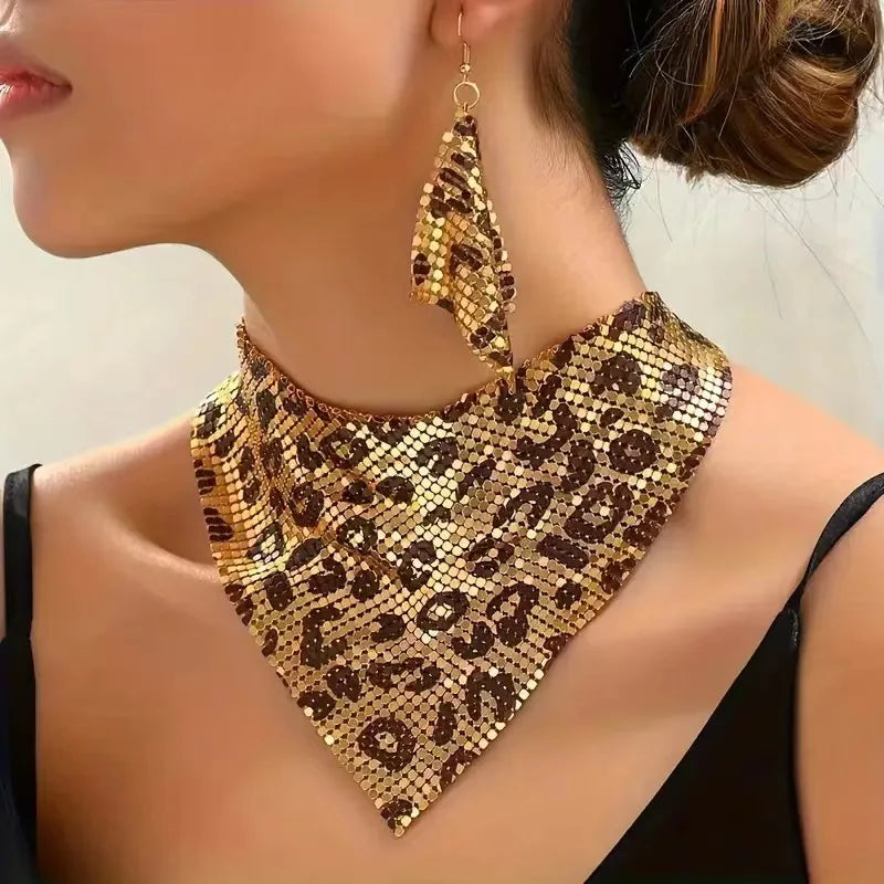 luckacco exaggerated leopard print triangle scarf shaped necklace diamond drop earrings for women fashion party 2pcs jewelry set