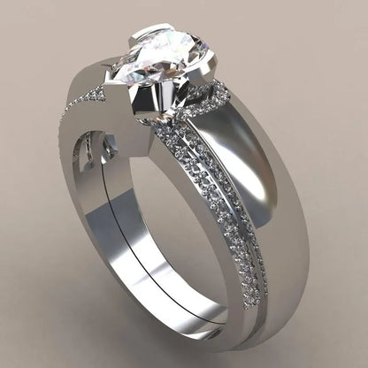Luckacco Exquisite Women Silver Color Waterdrop Metal Inlaid White Round Zicron Stones Ring Set Wedding Engagement Rings Jewelry
