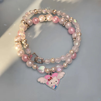Luckacco 2PCS Kawaii Hello Kitty Bracelet Set Sanrio Crystal Beads Jewelry Gift for Girls Cute Anime Pendant Accessory