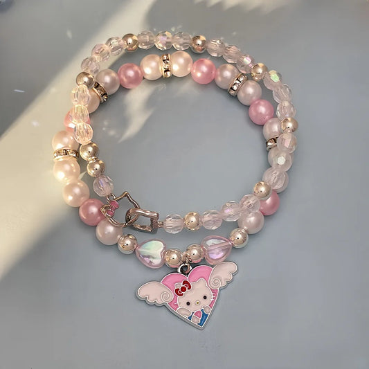 Luckacco 2PCS Kawaii Hello Kitty Bracelet Set Sanrio Crystal Beads Jewelry Gift for Girls Cute Anime Pendant Accessory