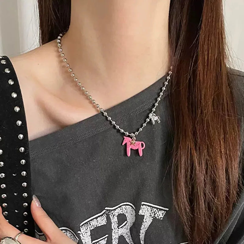 luckacco funny silver color copper beads horse pendant necklace black choker necklace pink white enamel pendant necklace for women