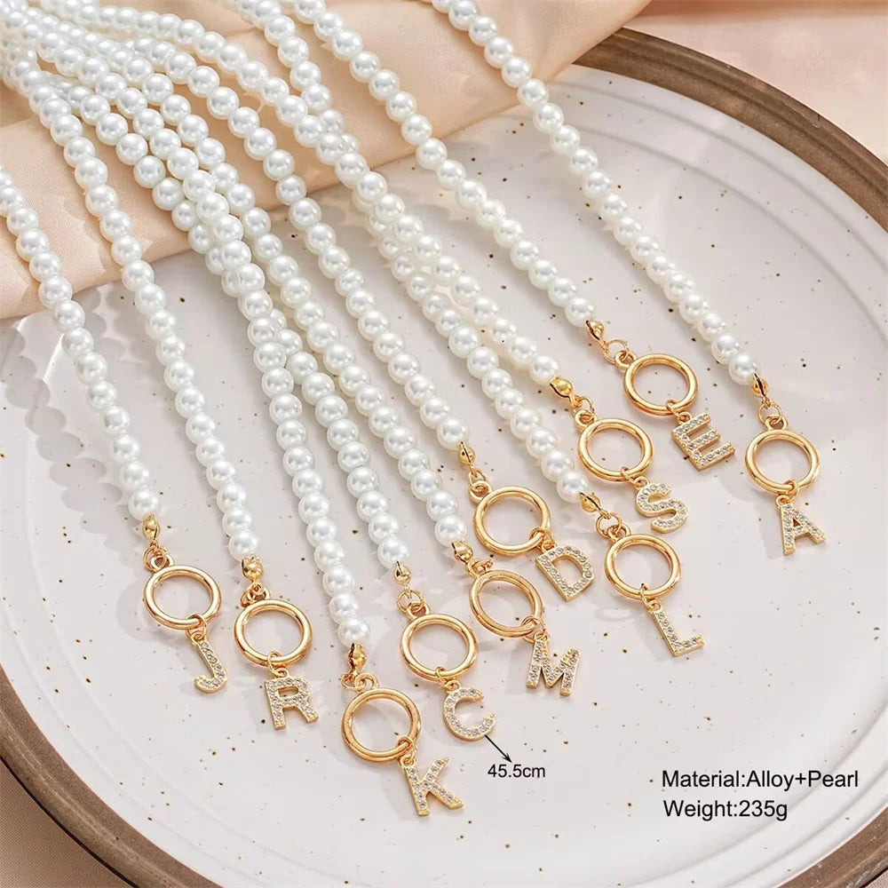 luckacco plastic pearl chain obuckle necklace set with crystal  26 letter pendant collarbone chain name necklace