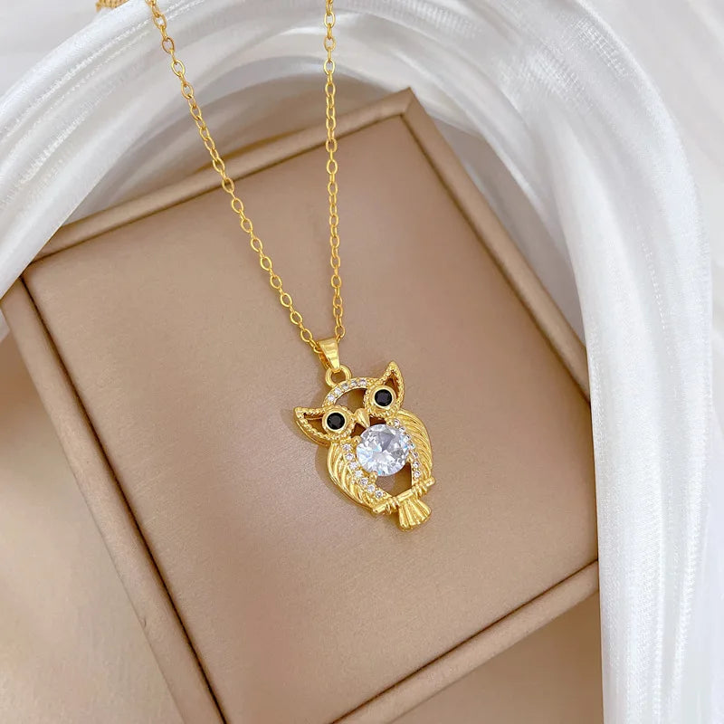 luckacco women's stainless steel owl necklace european and american popular light luxury temperament pendant collarbone chain jewelry
