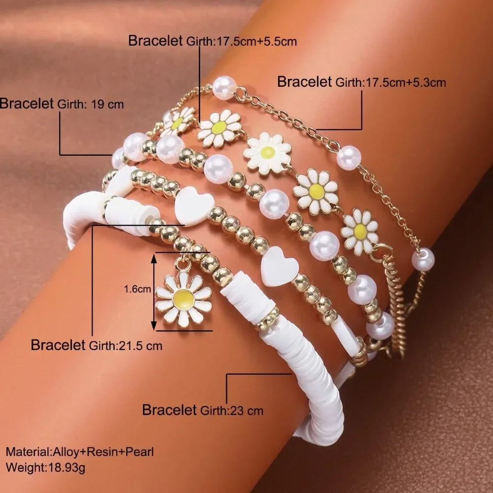luckacco 5pcs set charm daisy flower pearl heart bracelet for women personality trendy multilayer gold color zircon jewelry set gift