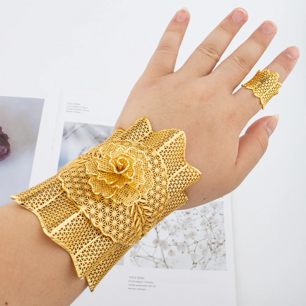 luckacco gold plated cuff bracelet with ring female dubai gold color bangles for women luxury dubai anniversary gift jewelry accessories