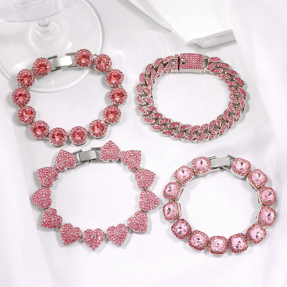luckacco iced out pink cuban bracelet for women hip hop gold silver color crystal heart circle square bracelet 4pcs set jewelry gift