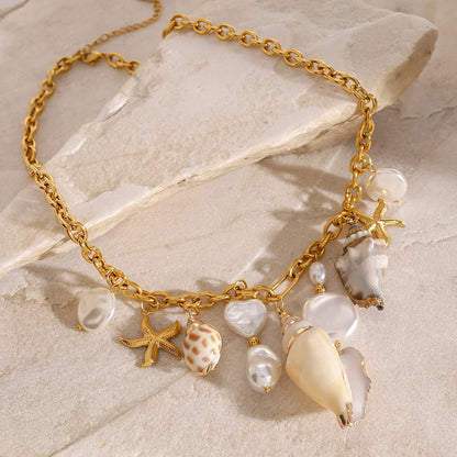 Luckacco Youthway-Collier Bohème en Acier Inoxydable pour Femme, Grande Perle Imperméable, Pendentif Conque Étoile de Mer, Bijoux de Plage Océan