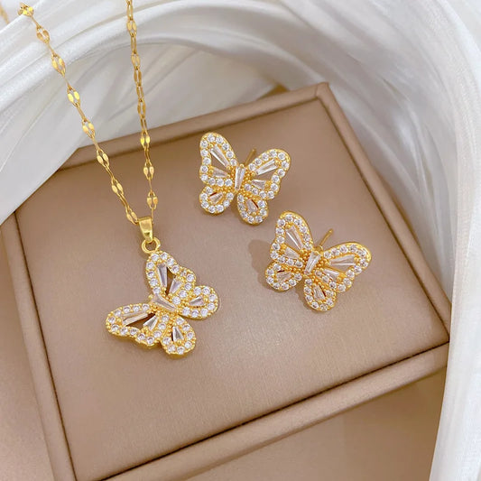Luckacco 2Pcs Stainless Steel Hollow Crystal Butterfly Pendant Necklace Earrings Sets for Women Luxury Daily Wear Jewelry Set Birthday