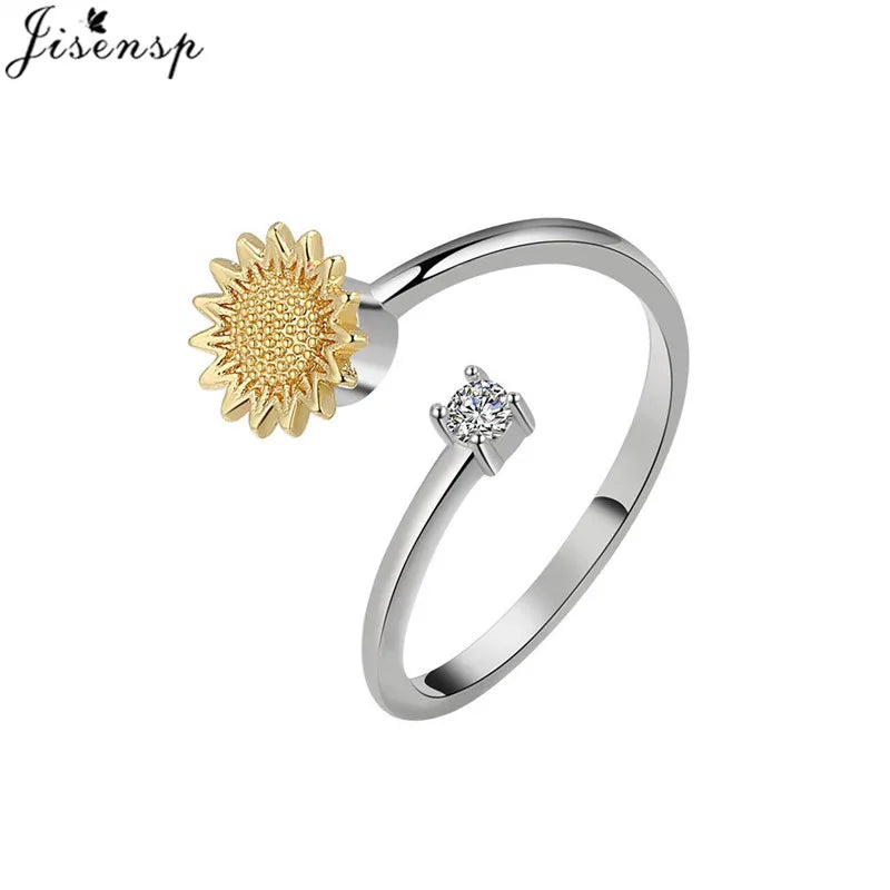 luckacco fashion fidget spinner ring anxiety for women multiple crystal sunflower finger rings rotate anti stress jewelry wedding gift
