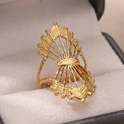 Luckacco Elegant Stainless Steel Big Bloom Flower Rings For Women Gold Color Sun Starfish Open Ring Finger Jewelry Wedding Her Gift Punk