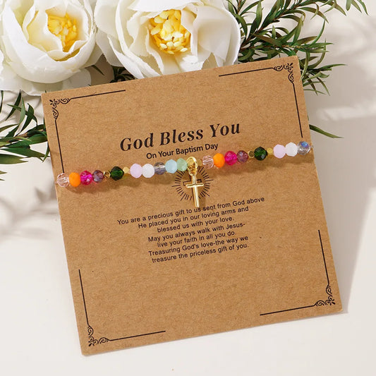 Luckacco Cross Square Crystal Beads Bracelet for Women Boho Natural Stone Stretch Beach Jewelry Multi-Color Religious Baptism Jewelry
