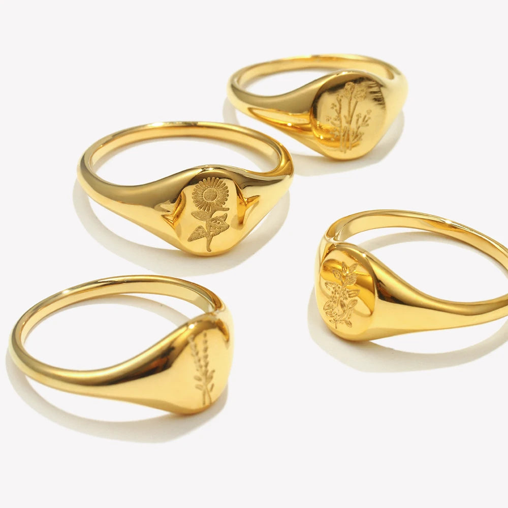 luckacco e.b.belle tarnish free stainless steel 18k gold plated engraving wildflower tea leaf lavender sunflower signet rings for women