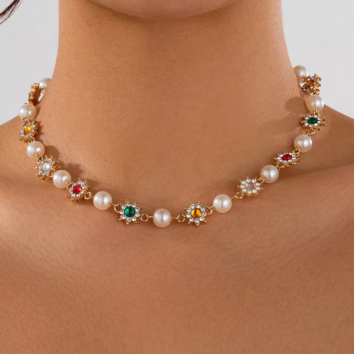 luckacco ifyouoo luxury shinny colorful rhinestone short necklace women imitation pearl choker trousers chain jewelry collar wed bridal