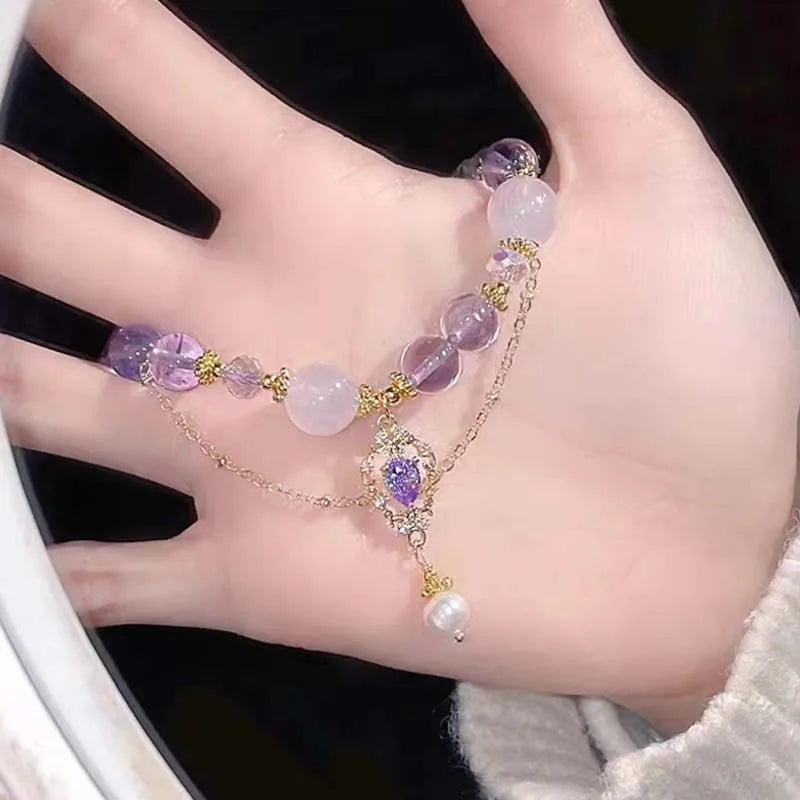 luckacco light luxury purple glass crystal beaded bracelets for women chic butterfly tassel pendant bracelets sweet girl wrist jewelry