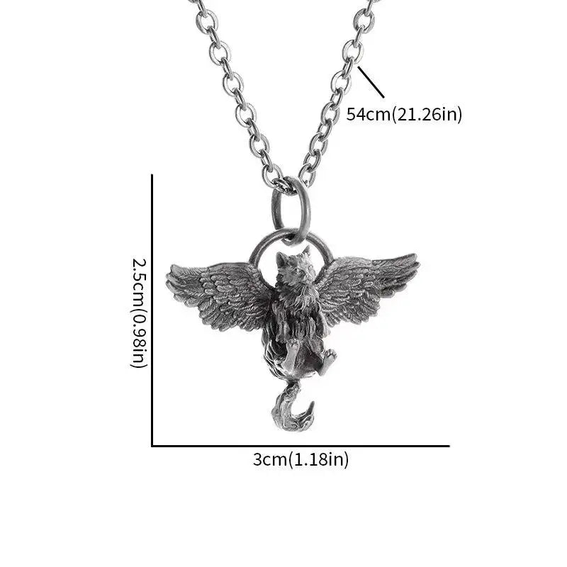 luckacco classic retro silver plated cute pet wing cat pendant necklace for men women fashion personalized clavicle chain jewelry gifts