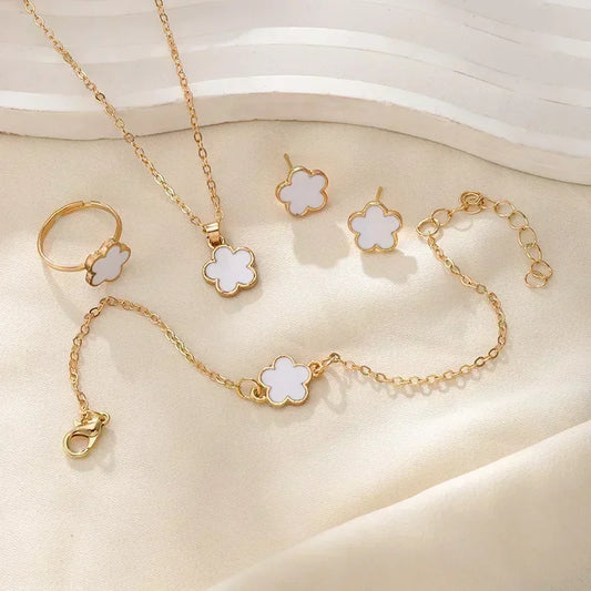 Luckacco Lucky Five-petal Flower Clover Earrings Necklace Ring Bracelet Four-piece Set for Woman Fashionable Accessories Party Jewelry