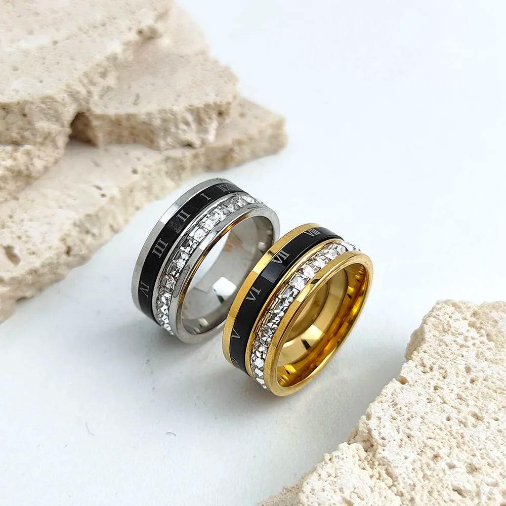 luckacco stylish and charming stainless steel gold-plated men's ring, simple roman numeral zircon women's ring, wedding party jewelry