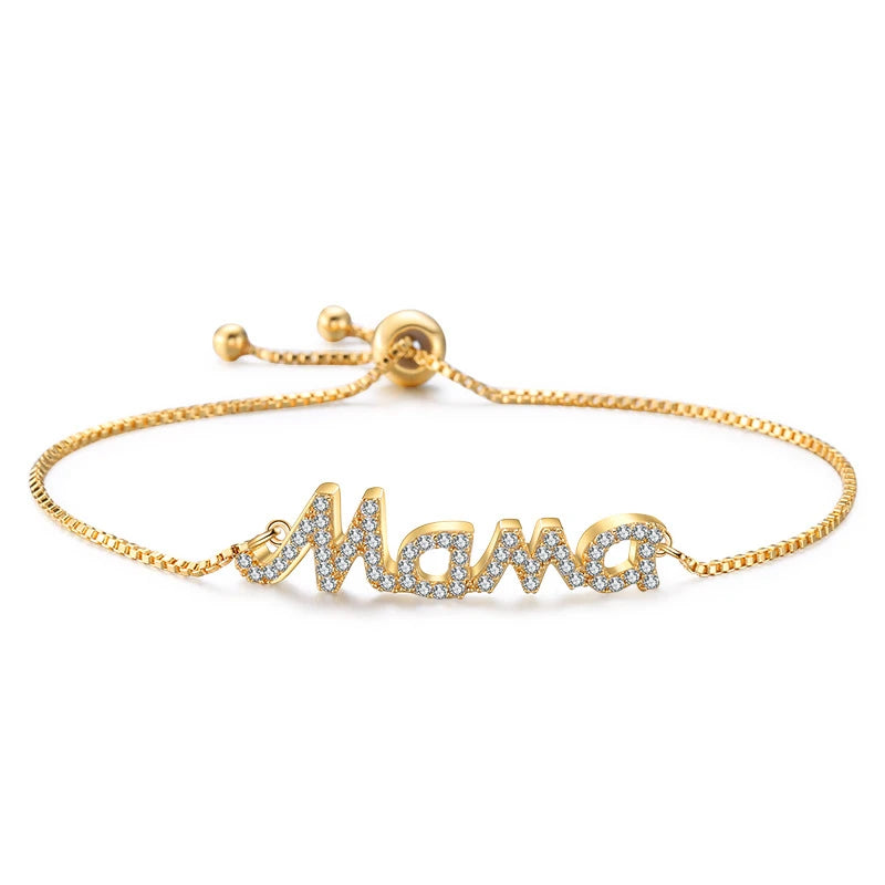 luckacco exquisite mama letter bracelet for women sparkling crystal zircon adjustable chain bangle mother's day mom birthday jewelry gift