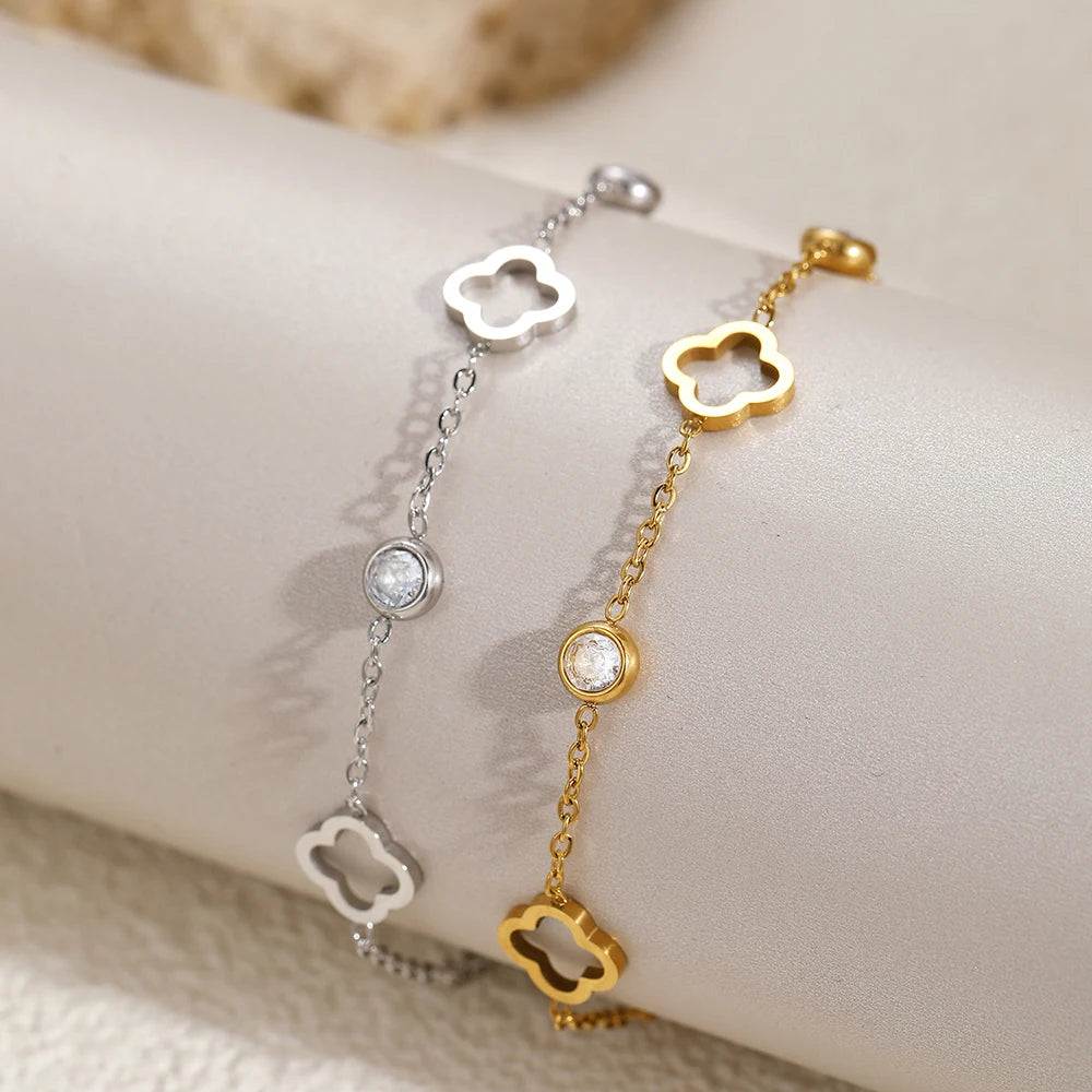 luckacco stainless steel lucky hollow clover crystal zirconia bracelet simple and generous design wrist jewelry for women's daily wear