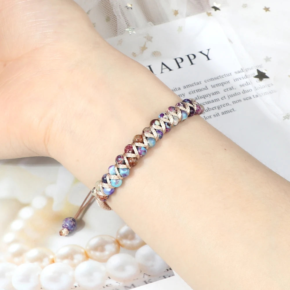 luckacco vintage 4mm natural stone beads bracelets & bangles for women men handmade adjustable braided rope chains meditation jewelry