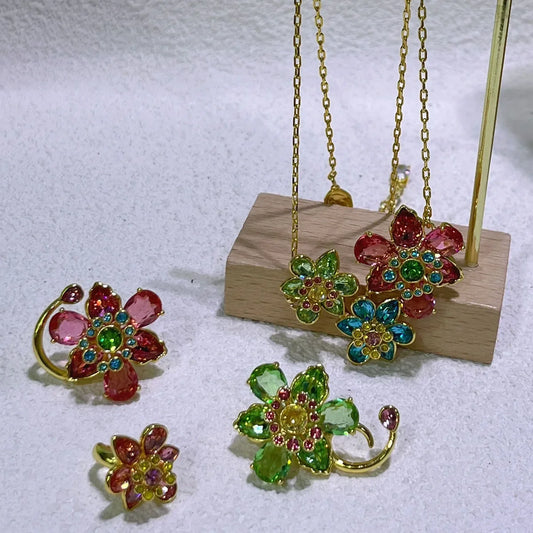 Luckacco Flower Crystal Boutique Irregular Original Jewelry Set New Color Earring Exquisite Necklace Ring Bracelet Wedding Gift for Women