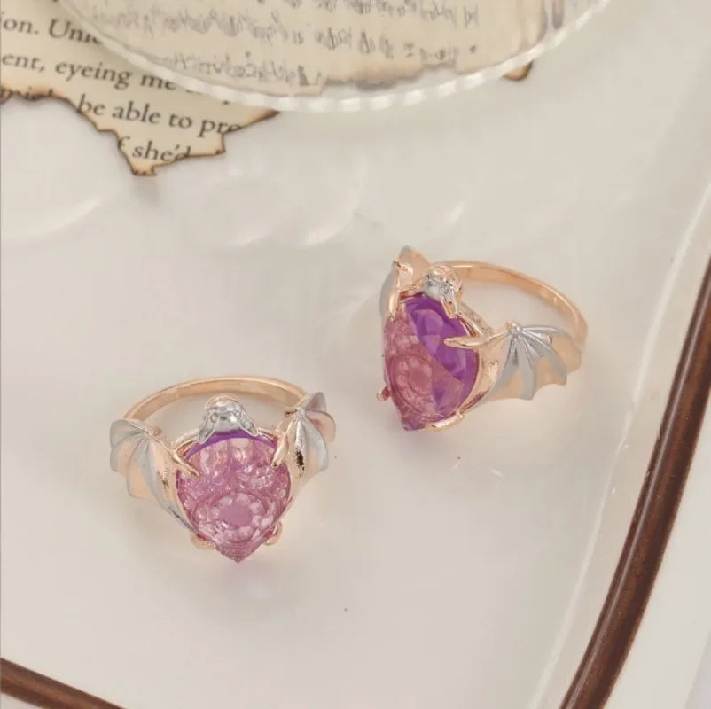 luckacco new trendy gothic vintage bat finger rings inlaid pruple water drop shape zircon rings for women fashion party jewelry