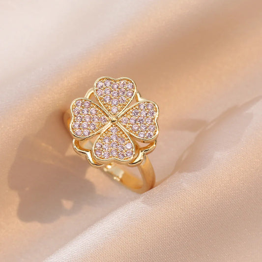 Luckacco Luxury Zircon Four-leaf Clover Rotating Ring Lucky Transfer Jewelry Gift for Children Tik Tok Same Style for Women for Friends