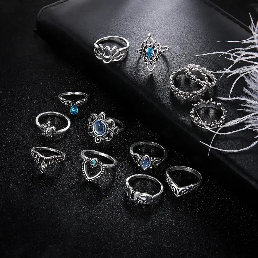 luckacco 13pcs/set vintage carved hollow flower crown love rings for women trendy 2024 retro exquisite fringer rings party jewelry gift