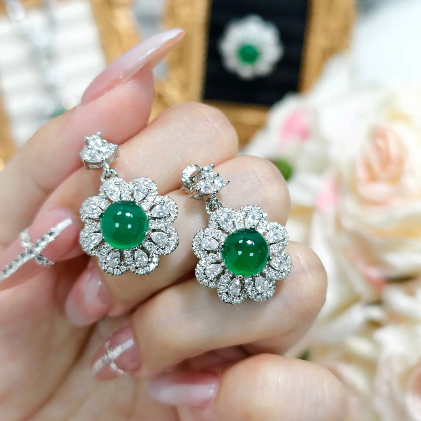 luckacco valuable lab jade diamond jewelry set 925 sterling silver engagement wedding rings earrings necklace for women bridal party gift