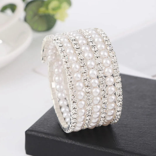 Luckacco Fahsion Crystal Imitation Pearl Bracelets For Women Multi Layer Wide Bracelets Crystal Rhinestones Bracelet Wedding Jewelry Gift