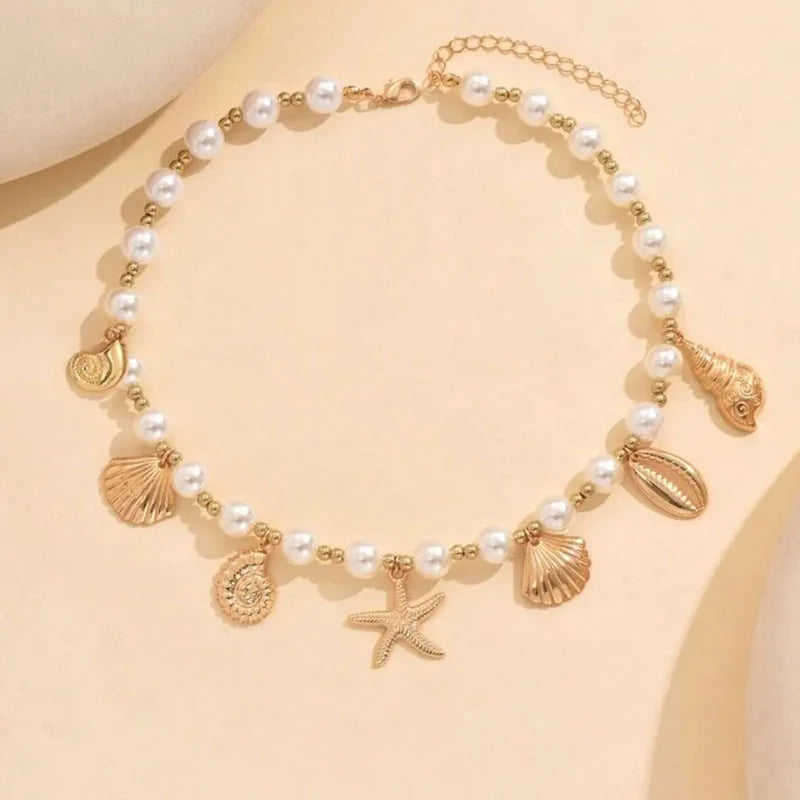 luckacco bohemia conch starfish imitation pearl necklace for women luxury exquisite beaded shell pendant necklace beach holiday jewelry