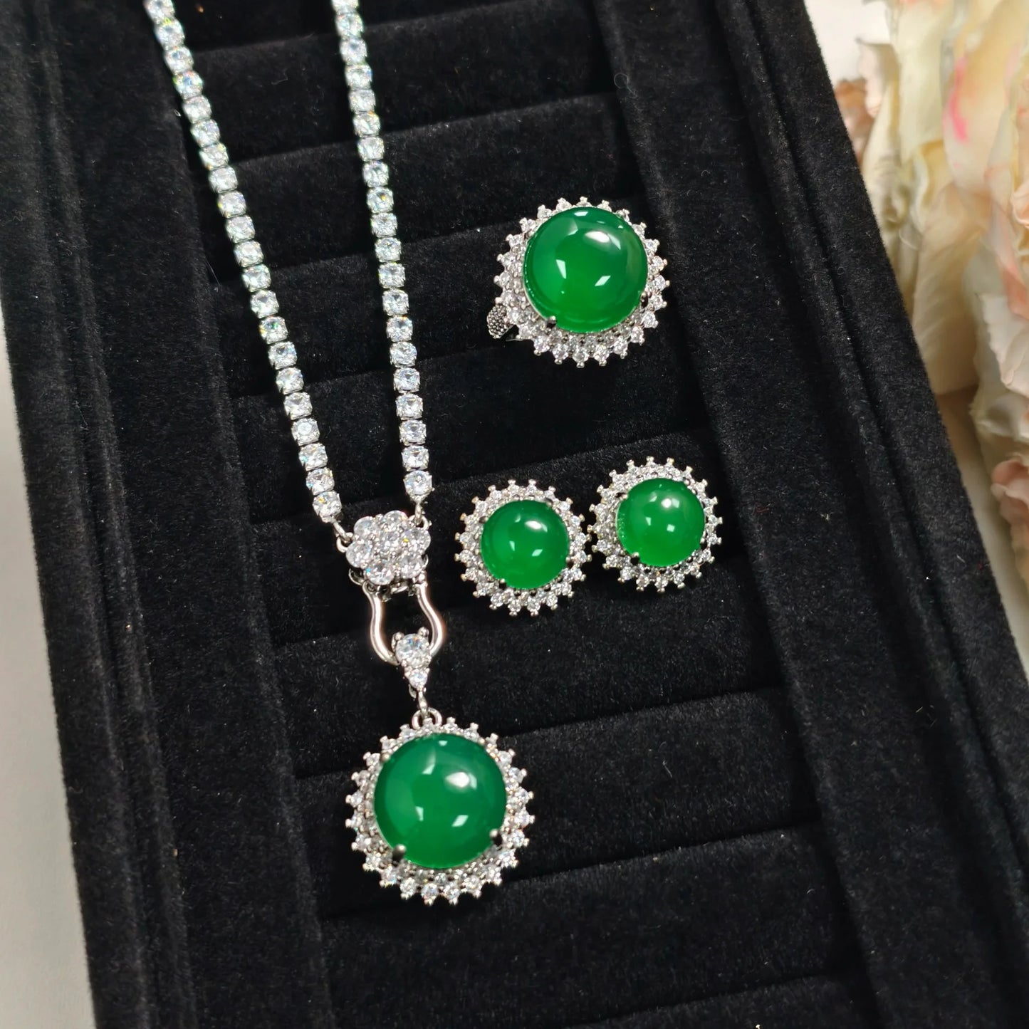 luckacco valuable lab jade diamond jewelry set 925 sterling silver engagement wedding rings earrings necklace for women bridal party gift