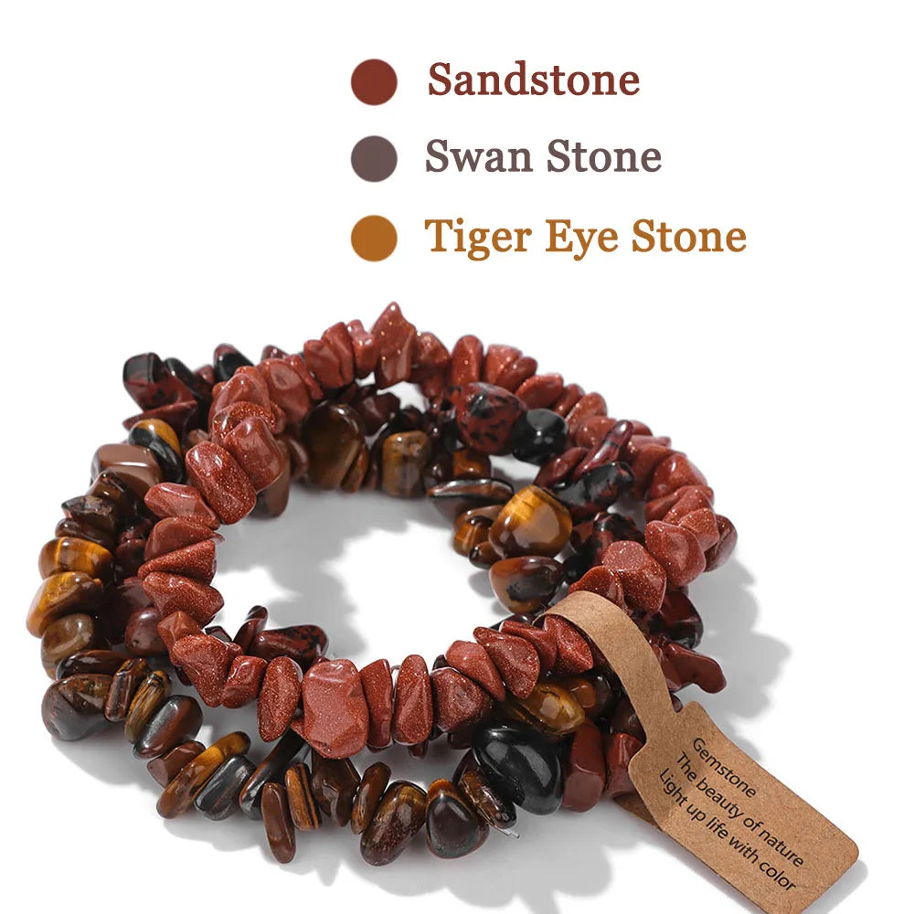 luckacco 3pcs natural chip stone bracelet set irregular fluorite quartzs stretch bracelet with tag healing jewelry gifts for women men