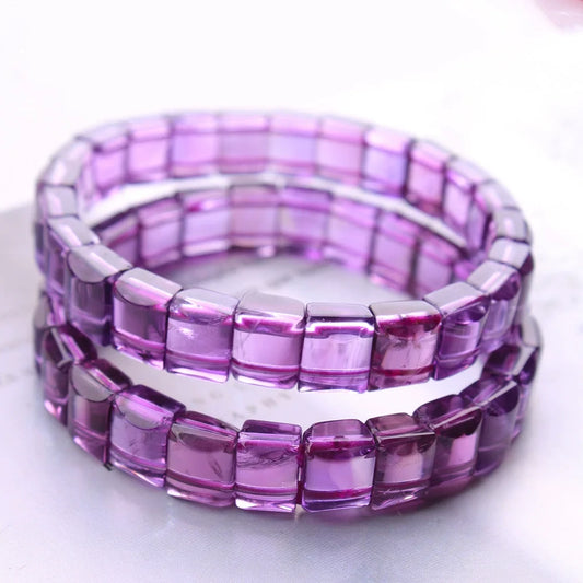 Luckacco Natural Purple Amethyst Quartz Clear Rectangle Bracelet 9x9mm Rectangle Beads Amethyst Women Men Stretch Purple Amethyst AAAAA