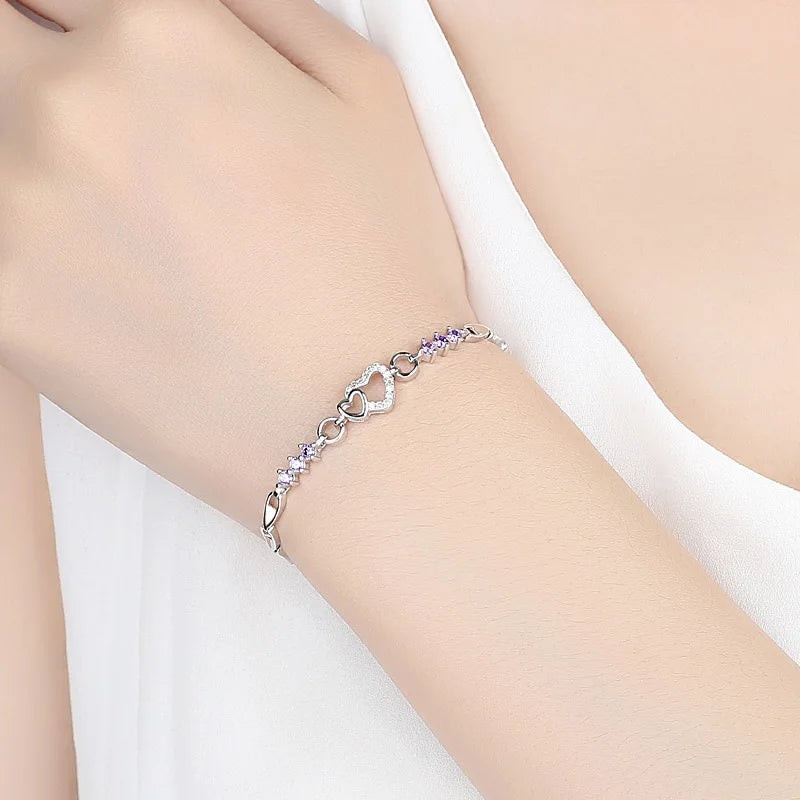 luckacco new 925 sterling silver bracelet purple crystal zircon heart for woman charm bracelet jewelry gift