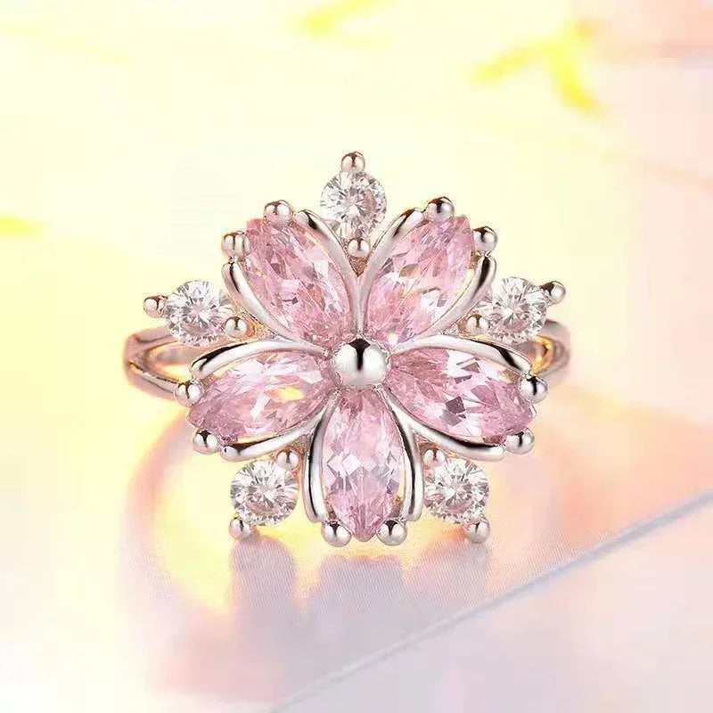 luckacco fashion sakura princess rings pink crystal stone ring charm for women dainty bride flower zircon engagement ring кольца
