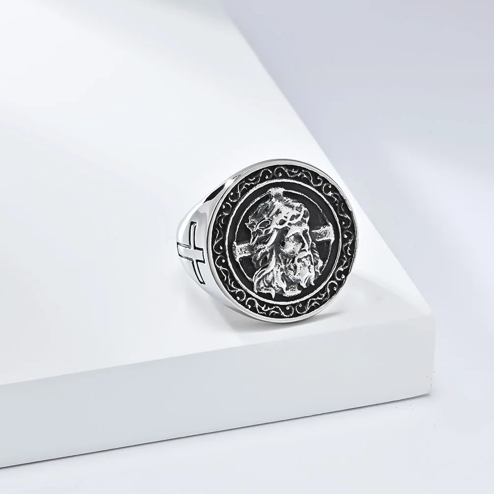 luckacco vintage exorcism saint benedict cspb cross ring men punk amulet christianity rings stainless steel jewelry gift