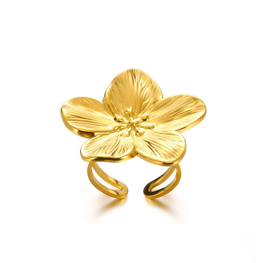 Luckacco Elegant Stainless Steel Big Bloom Flower Rings For Women Gold Color Sun Starfish Open Ring Finger Jewelry Wedding Her Gift Punk