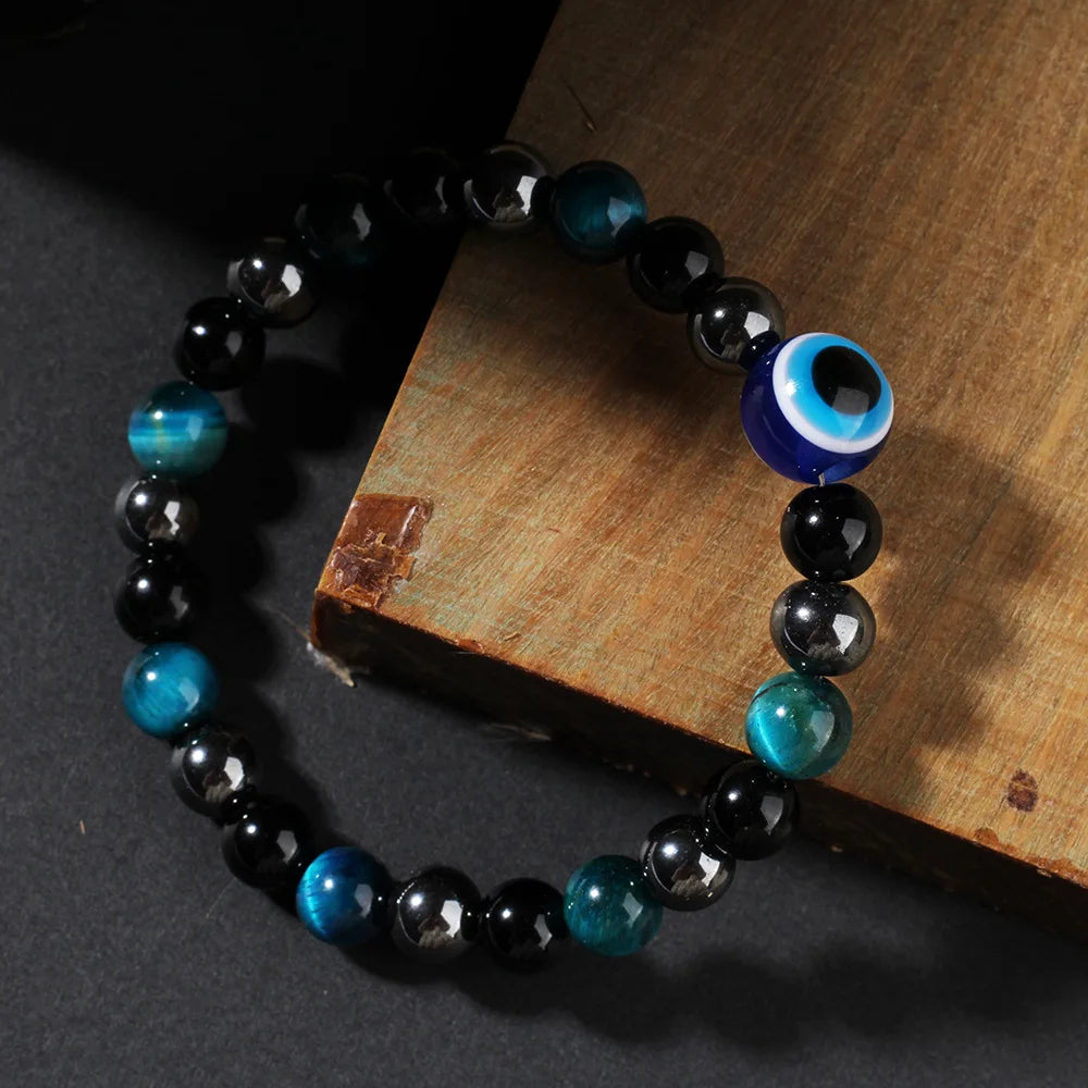 luckacco triple protection bracelet, blue tigers eye black bile obsidian evil eye beaded bracelet, handmade stretch beaded bracelets