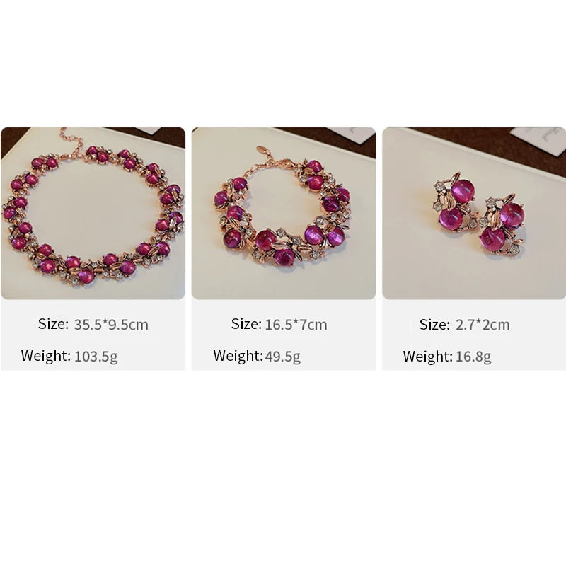 luckacco 1/3 pcs vintage purple red rhinestone necklace earrings bracelet set leaf flower metal necklace for women exquisite jewelry sets