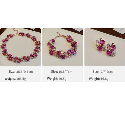 Luckacco 1/3 Pcs Vintage Purple Red Rhinestone Necklace Earrings Bracelet Set Leaf Flower Metal Necklace for Women Exquisite Jewelry Sets
