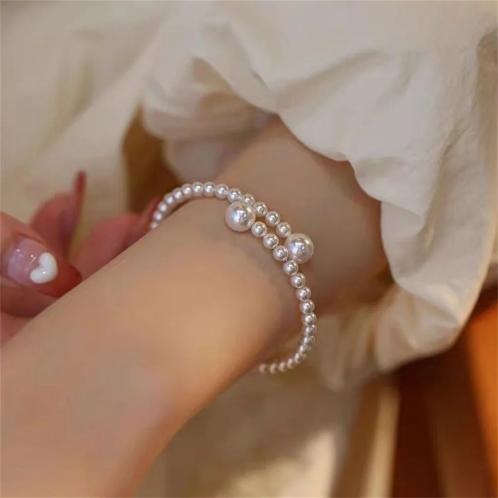 luckacco french vintage pearl bracelet simple acrylic ball adjustable cuff bracelet for women fashion jewelry