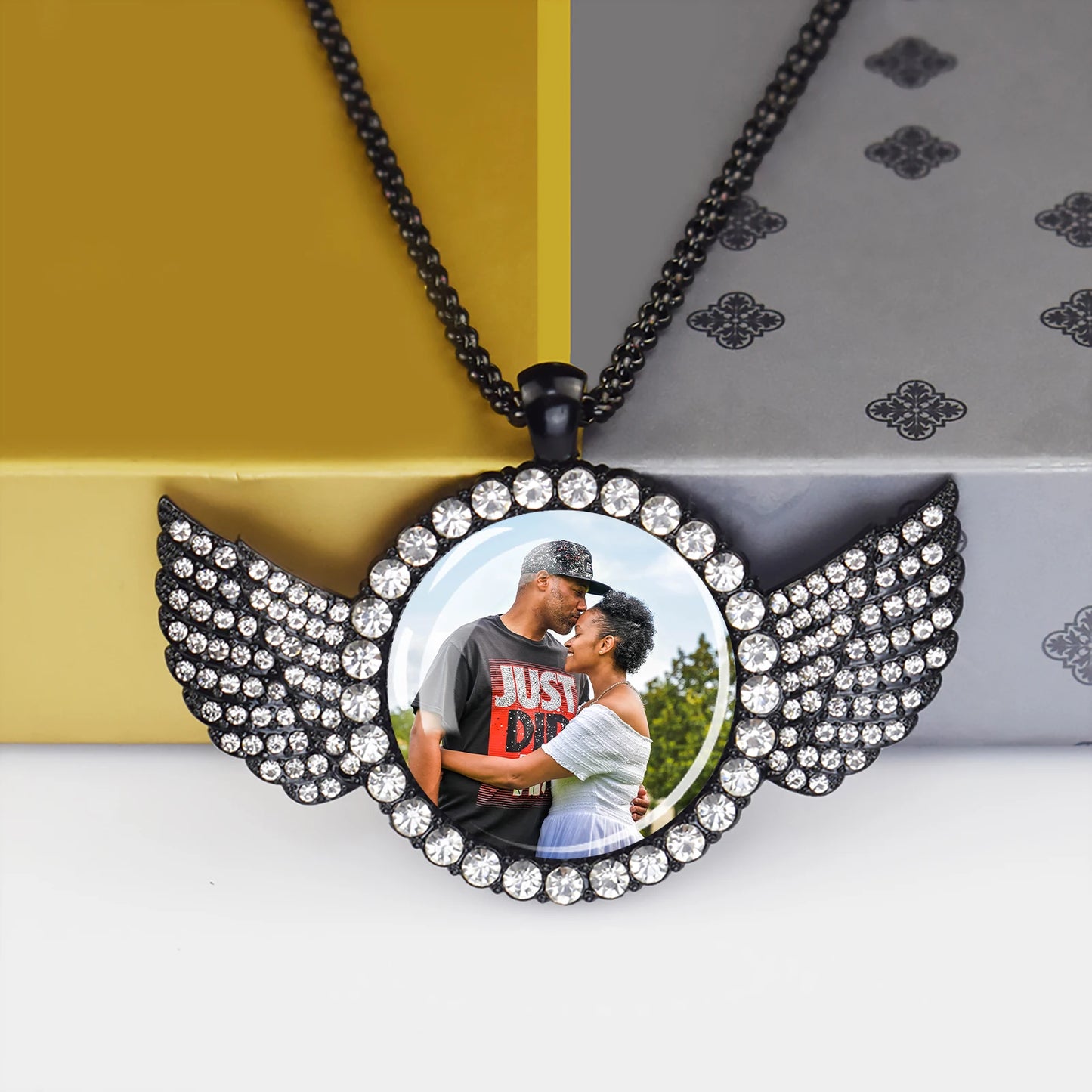 luckacco custom necklace personalized photo picture angel wings rhinestone pendant chains necklaces creative fashion hip hop jewelry gift