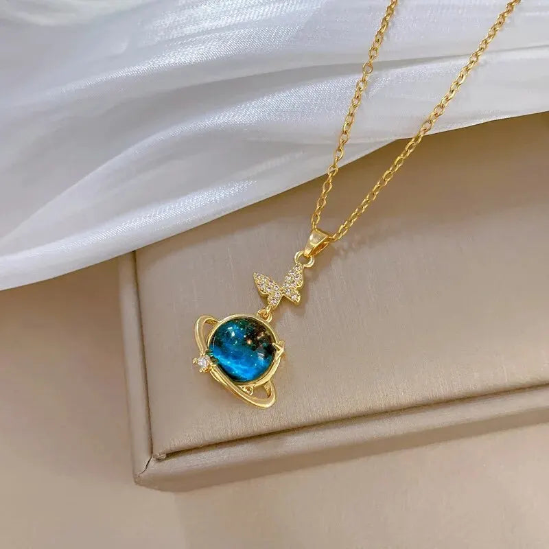luckacco light luxury titanium steel star series necklace for women gold color planet moon astronaut pendant necklaces jewelry gifts