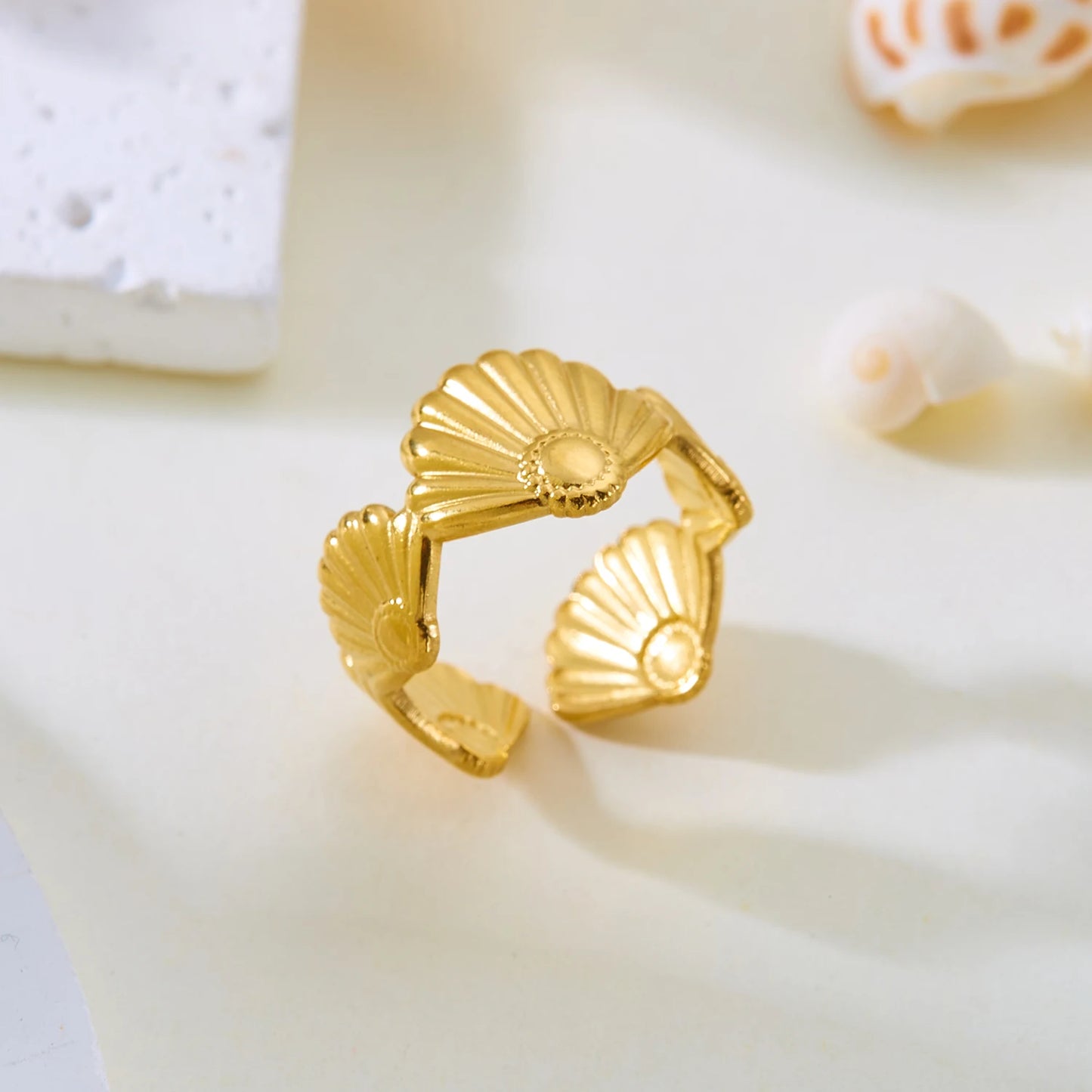 luckacco trendy gold color stainless steel ring for women bohemian shell starfish conch flower butterfly heart ring party jewelry gift