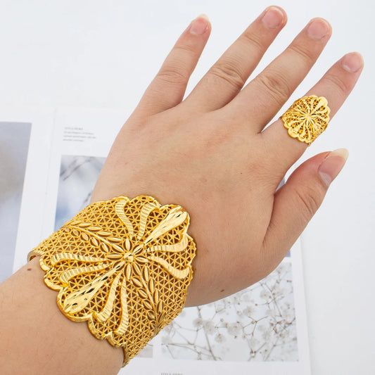 Luckacco Gold Plated Cuff Bracelet With Ring Female Dubai Gold Color Bangles For Women Luxury Dubai Anniversary Gift Jewelry Accessories