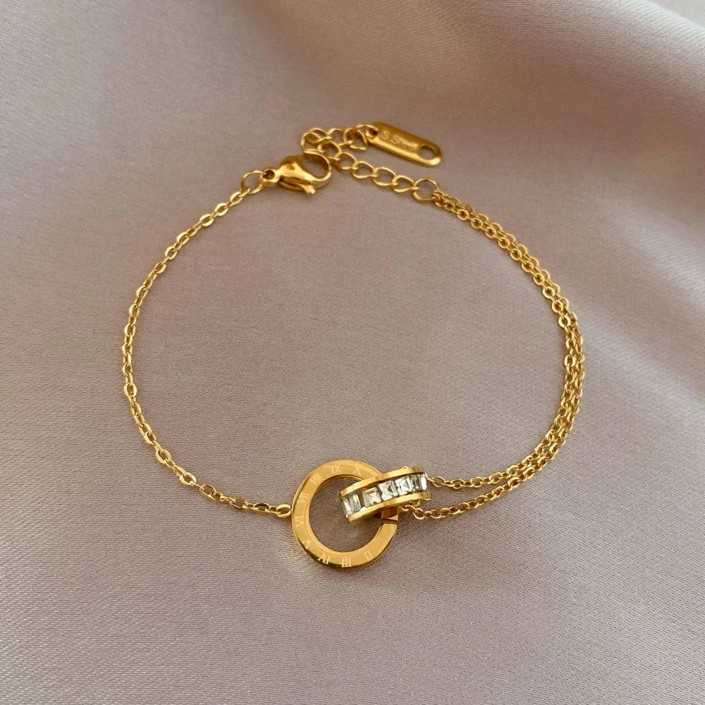 luckacco personality roman numeral double ring cross zircon bracelet for women korea fashion gold color stainless steel bangle jewelry